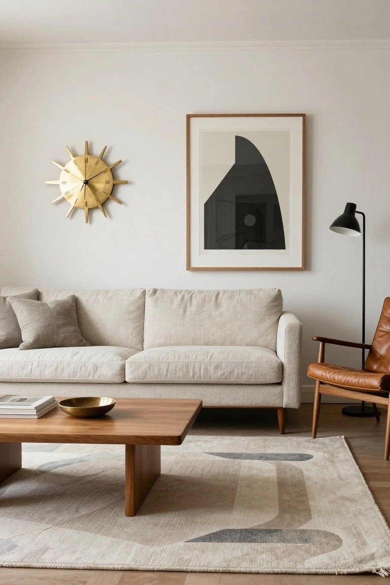Beige linen sofa in a white-walled living room with wooden coffee table holding books and a gold bowl, orange leather armchair, black floor lamp, abstract black and white framed art, and gold sunburst wall clock on light wood floor with neutral rug.
