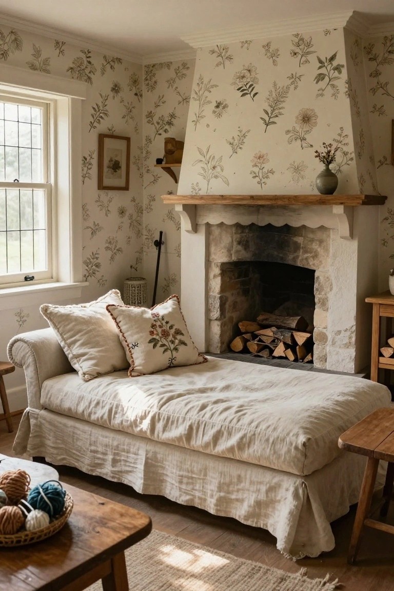 A beige linen-upholstered chaise lounge with floral pillows sits in front of a stone fireplace in a room with beige floral wallpaper, wooden furniture, and yarn baskets on a table.