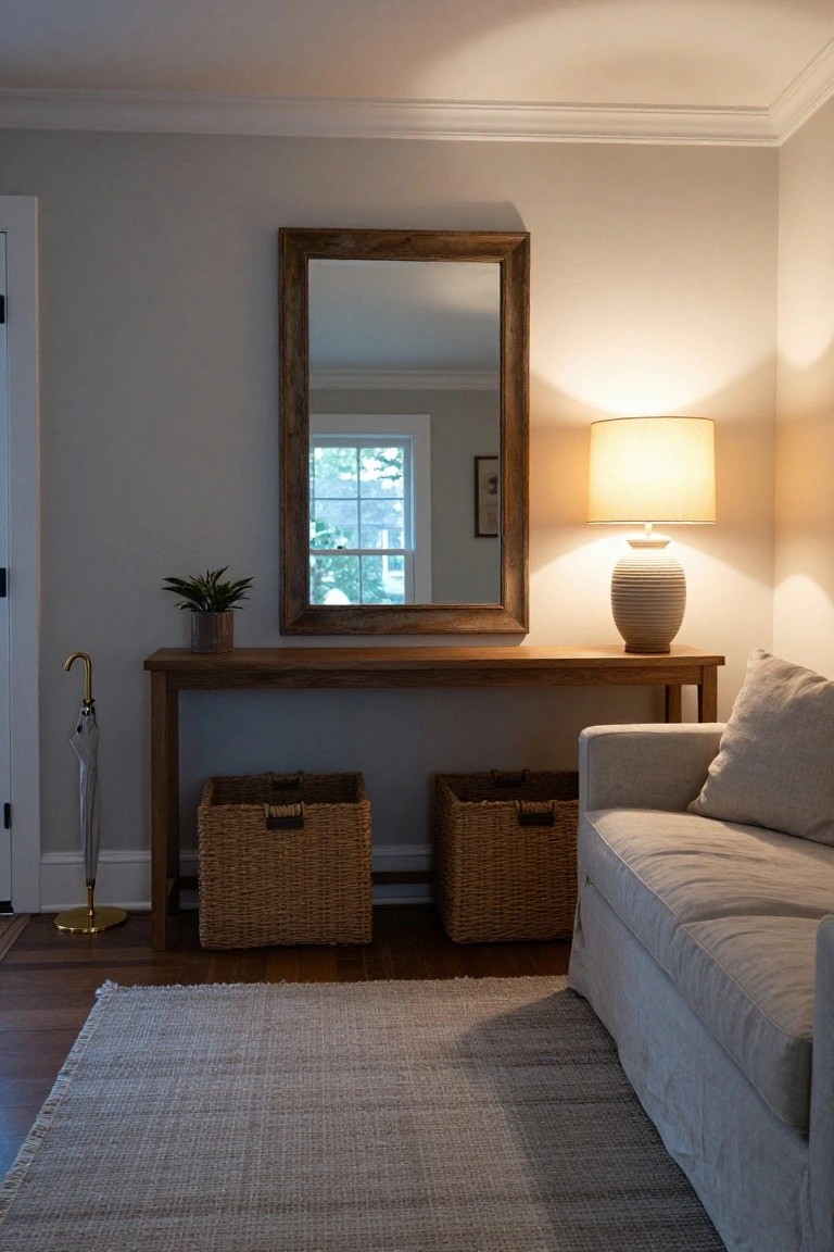 Light gray interior room with beige slipcovered linen sofa, wood console table topped with mirror lamp and plant, two woven baskets underneath, umbrella stand, and white rug on wood floor.