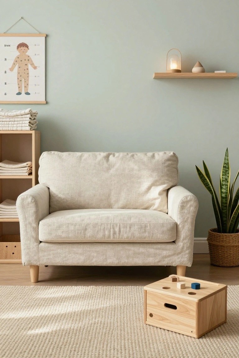 Cream linen two-seater sofa in a light green-walled room with wooden open shelves holding folded linens, a potted snake plant, wooden shape sorter toy on a rug, and a hanging anatomical height chart poster.