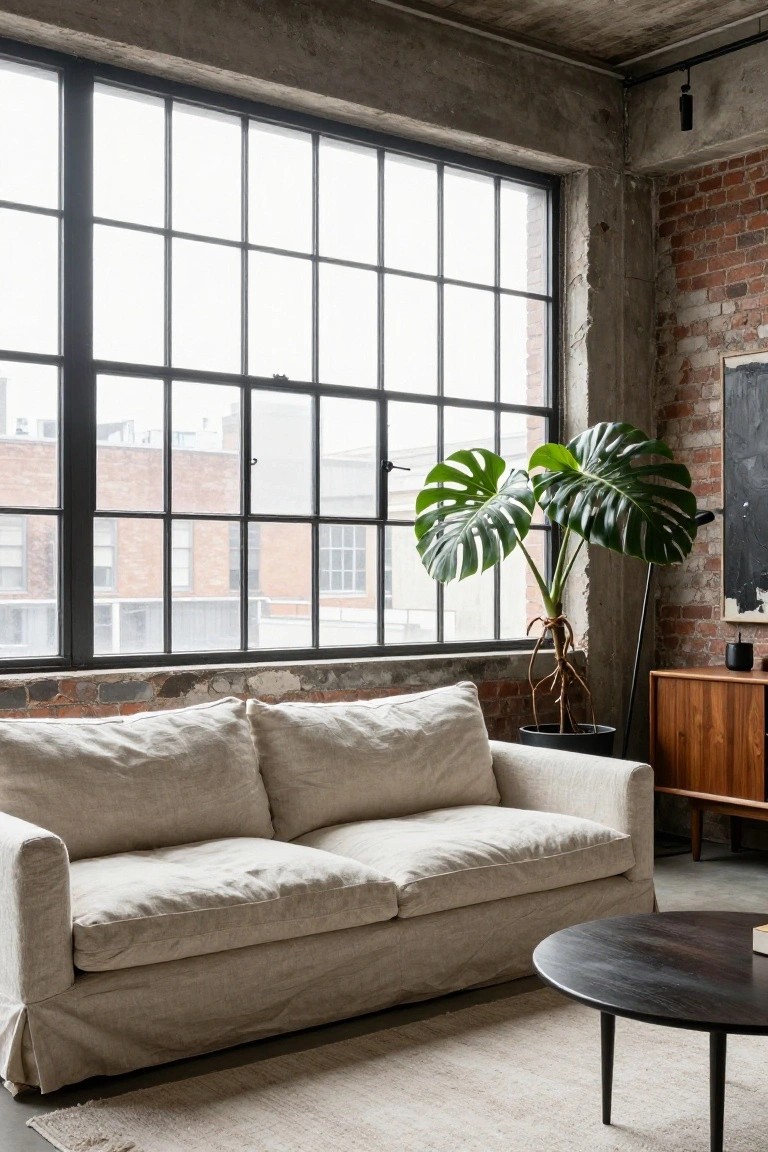 Beige slipcovered linen sofa in industrial loft living room with exposed brick walls, large black metal-framed windows overlooking buildings, monstera plant in black pot, wooden sideboard, and round black coffee table on light rug.