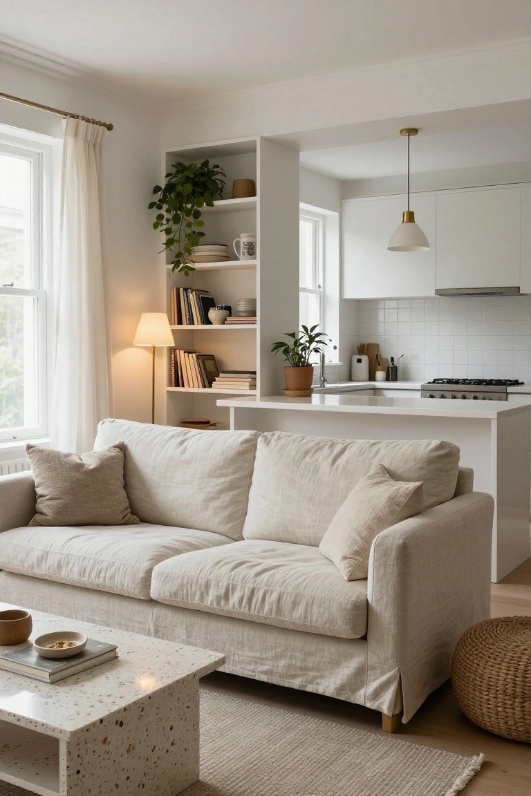 Beige linen sofa on wooden legs in a white open-plan living room and kitchen with bookshelves, plants, terrazzo coffee table, floor lamp, and pendant light.