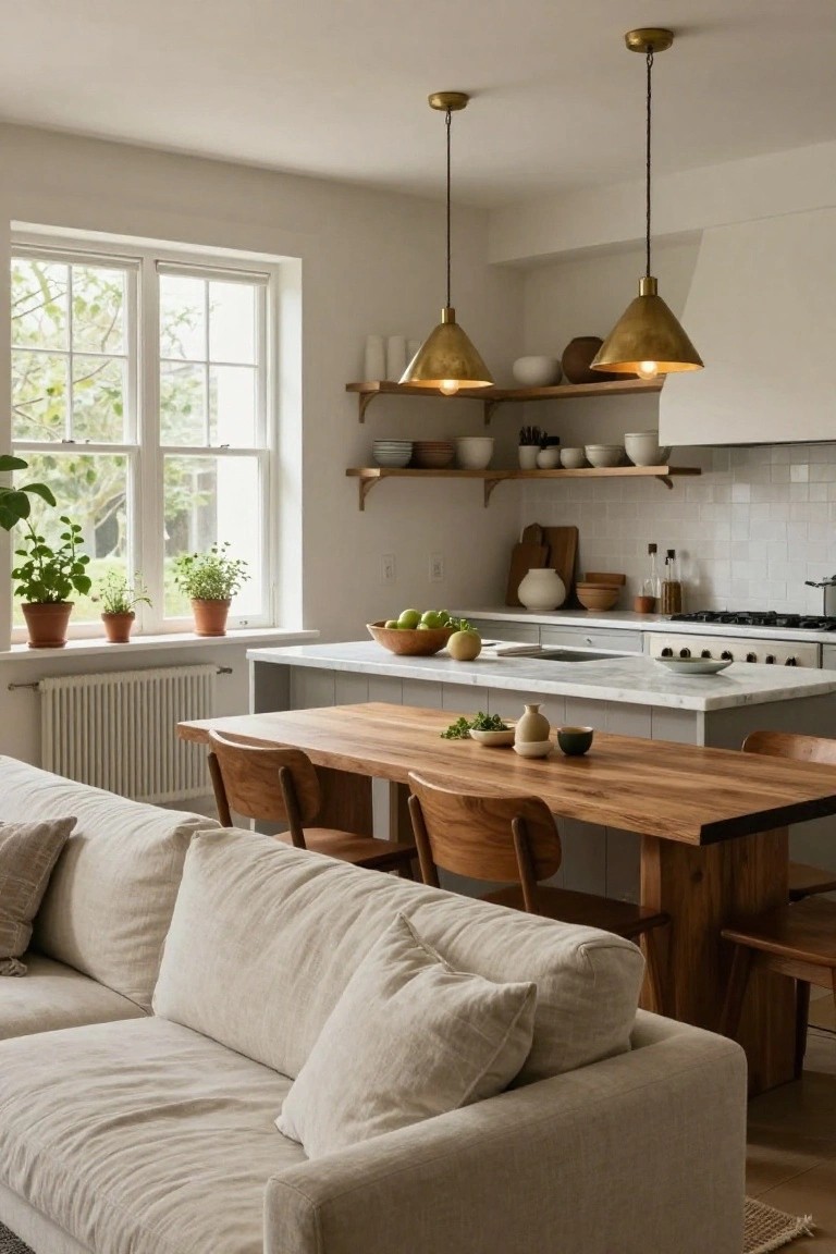 Light beige linen sofa next to wooden dining table with chairs in a bright kitchen featuring white cabinets, marble counters, brass pendant lights, shelves with ceramics, and potted herbs by the window.