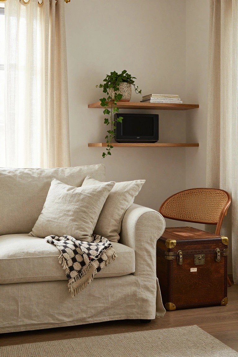 Cream linen slipcovered sofa in a light corner room with black-and-white checkered throw draped over it, linen pillows, rattan chair beside wooden trunk side table, wooden shelves holding potted ivy plant and small TV, sheer curtains on windows, light wood floor.