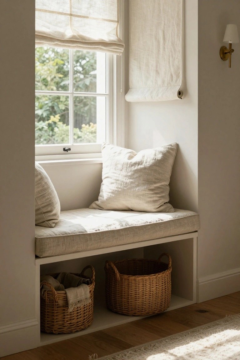 Close-up of a window nook with a built-in beige linen-upholstered bench seat, two matching pillows, two wicker baskets in white cubbies below, a rolled-up linen shade on the window, and soft natural light on light wood floors.