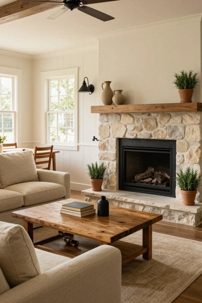 Light beige linen sofa in a living room with wooden coffee table, stone fireplace, potted rosemary plants, wooden beams, and large windows.