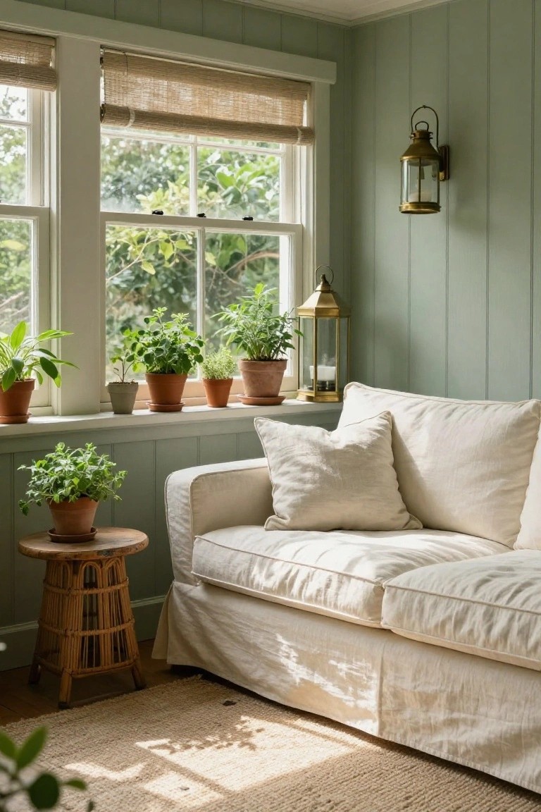 White slipcovered linen sofa in a corner of a pale green paneled room with large double-hung windows, potted herb plants on the wide sill, brass lanterns, woven rattan stool, and beige rug on wood floor.