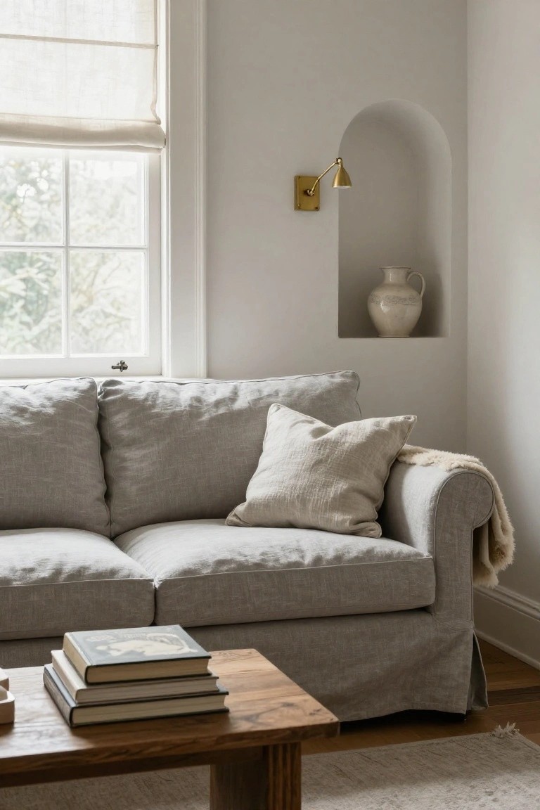 Corner of a living room with a light gray linen slipcovered two-seater sofa, wooden coffee table holding stacked books, wall niche with white vase and brass sconce, and window with sheer roman shade.