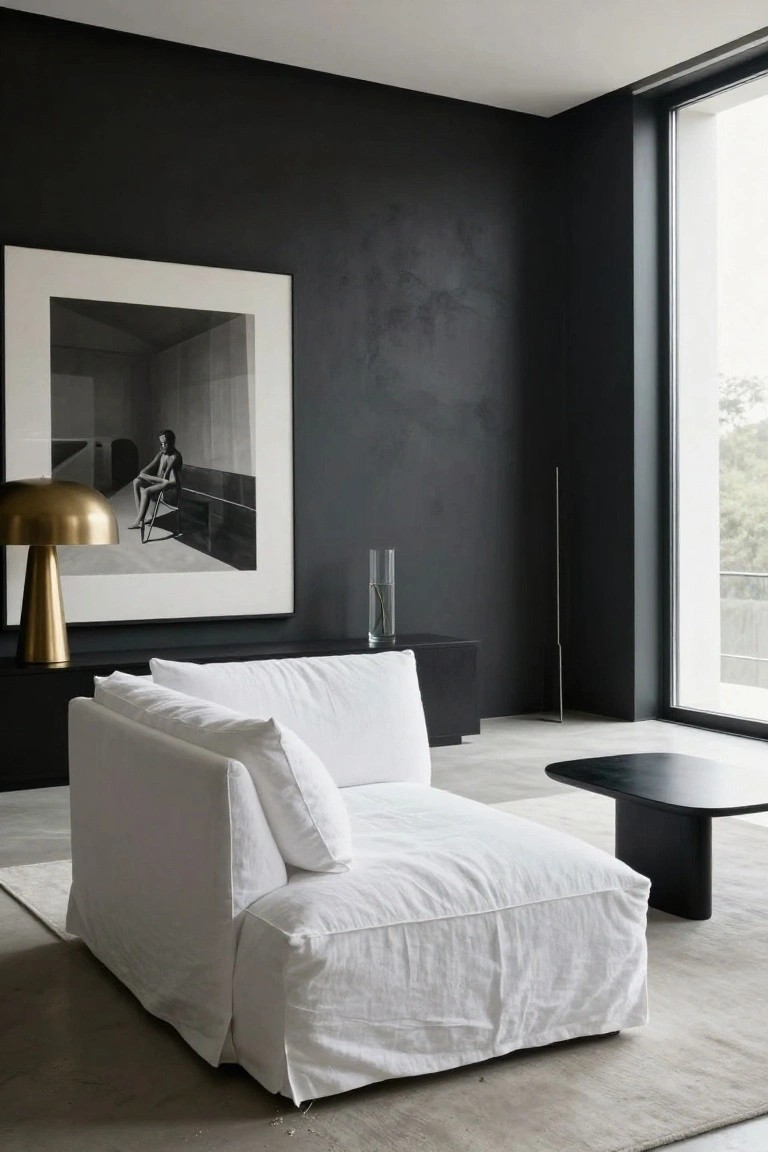Modern interior with black textured walls, oversized white linen sofa, gold mushroom lamp, large black-and-white photograph, black sideboard with glass vase, slim floor lamp, low black coffee table, and large window overlooking greenery.