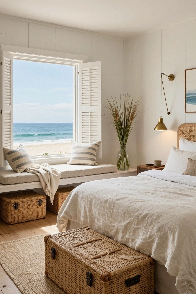 Bright bedroom interior with white paneled walls, large open shuttered window overlooking ocean and beach, cushioned window seat with pillows and blanket, white linen bed with rattan headboard, wicker storage trunks, pampas grass vase, and bedside lamp.