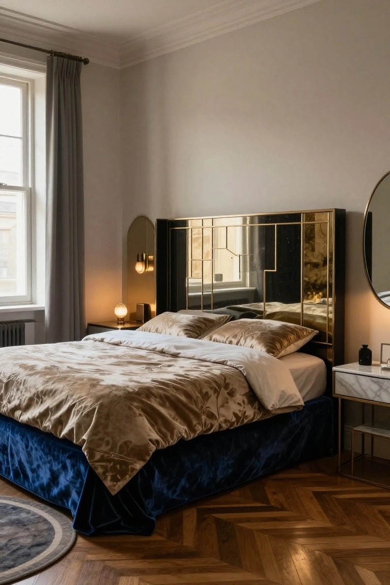 A bedroom with a large bed featuring a brass-framed headboard with mirrored panels and geometric design, gold patterned duvet, blue velvet bed skirt, marble nightstand, arched mirror, and lamp on herringbone parquet floor.