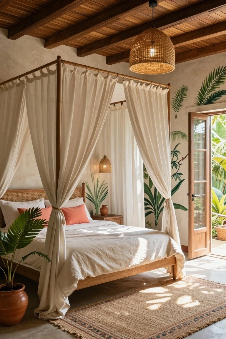 Bedroom interior with a bamboo four-poster bed draped in white sheer curtains, rattan headboard, orange pillows, potted tropical plants, woven pendant lights, wooden beamed ceiling, and open French doors to outdoor greenery.