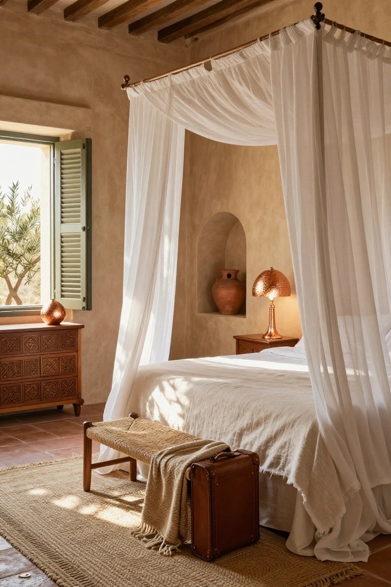 Bedroom with four-poster bed draped in white sheer curtains, wooden carved dresser, bench with leather suitcase and throw, arched niche holding terracotta pot and copper lamp, green shutters on window showing olive trees, woven rug on terracotta floor.