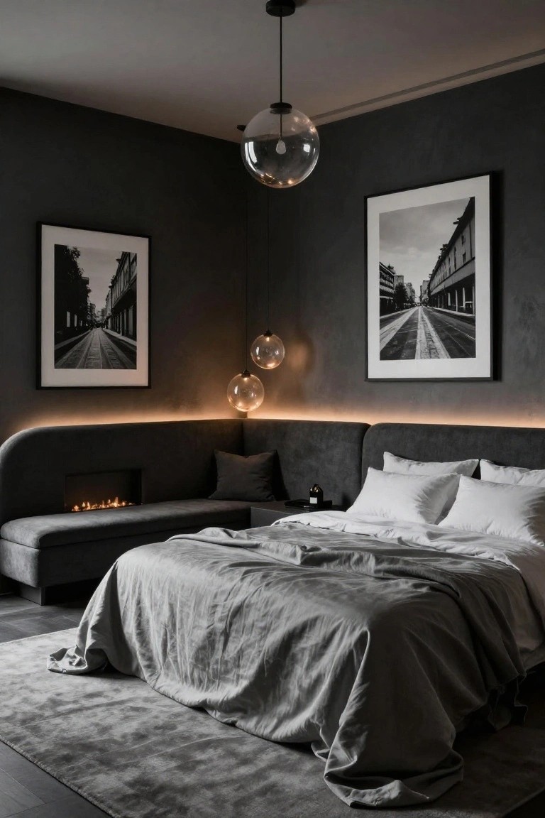 Dark-walled bedroom featuring a curved black upholstered banquette with built-in gas fireplace beside a bed draped in gray linens, flanked by white pillows, globe pendant lights, and large black-and-white framed photos of streets.