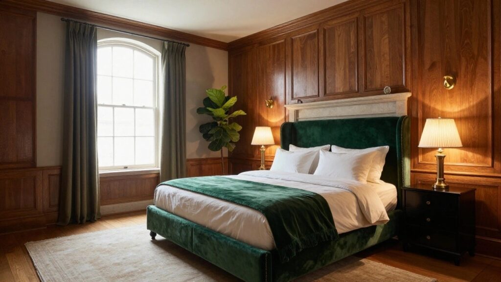 A bedroom with a green velvet tufted bed frame on a light rug, marble fireplace with fire, fiddle leaf fig plant, arched window with gray curtains, white paneling, and neutral bedding.