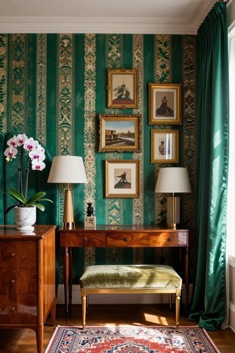 Corner of an emerald green striped wallpapered room with a wooden desk, matching cabinet, green velvet stool on gold legs, two table lamps, potted white orchid, black sculpture, and multiple gold-framed paintings.