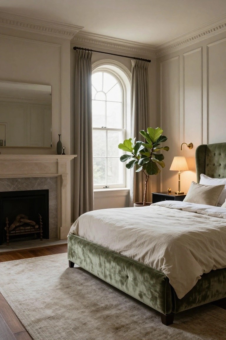 A bedroom with a green velvet tufted bed frame on a light rug, marble fireplace with fire, fiddle leaf fig plant, arched window with gray curtains, white paneling, and neutral bedding.