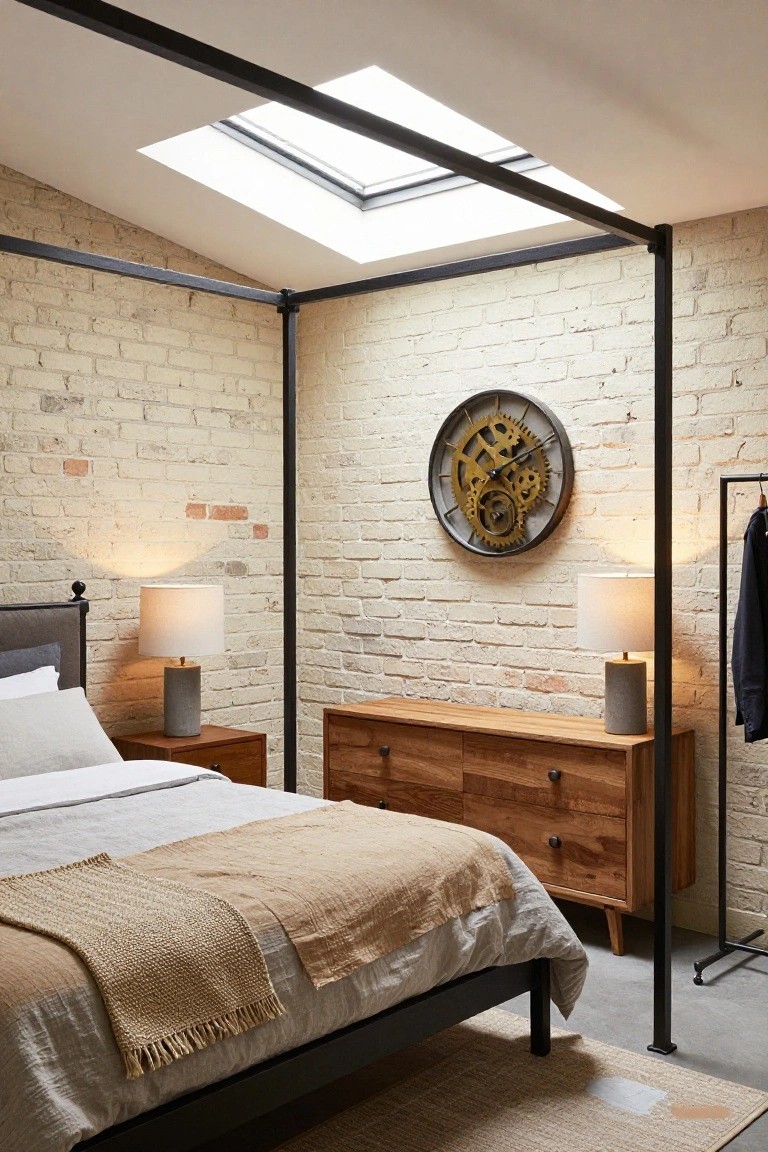 Bedroom interior with black metal canopy bed frame against beige exposed brick walls, wooden nightstand and dresser, concrete-based lamps, large gear wall clock, clothing rack, and seagrass rug on concrete floor under skylight.