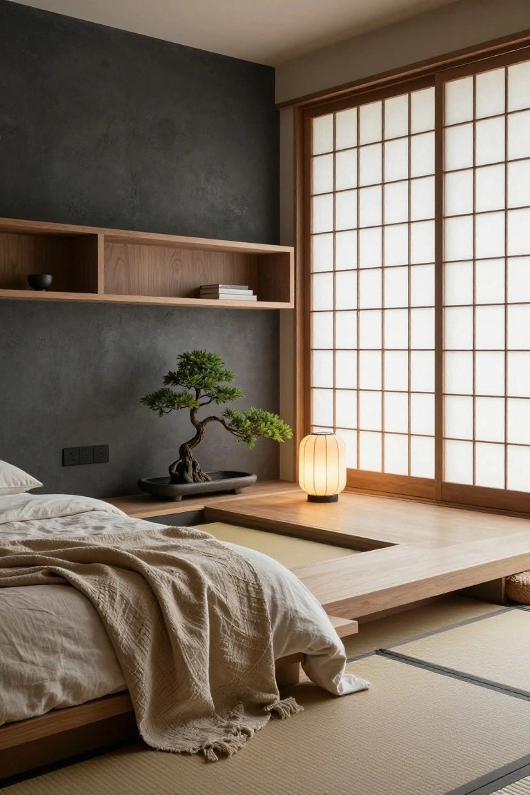 Minimalist bedroom interior with low wooden platform bed draped in beige linens, black textured wall with wooden shelf holding bonsai tree in black pot, shoji screen windows, and tatami floor mats.
