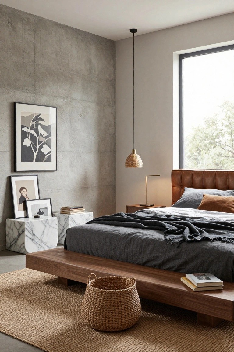 Modern bedroom with low wooden platform bed, tufted brown leather headboard, gray bedding, marble cube tables, concrete accent wall, large window, rattan pendant light, and seagrass rug.