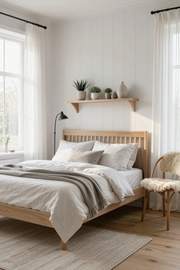 A bedroom with a light oak slatted bed frame and white linens, wooden wall shelf holding potted plants and vases, sheer curtains on a window, arc lamp, sheepskin chair, and light wood floor with seagrass rug.