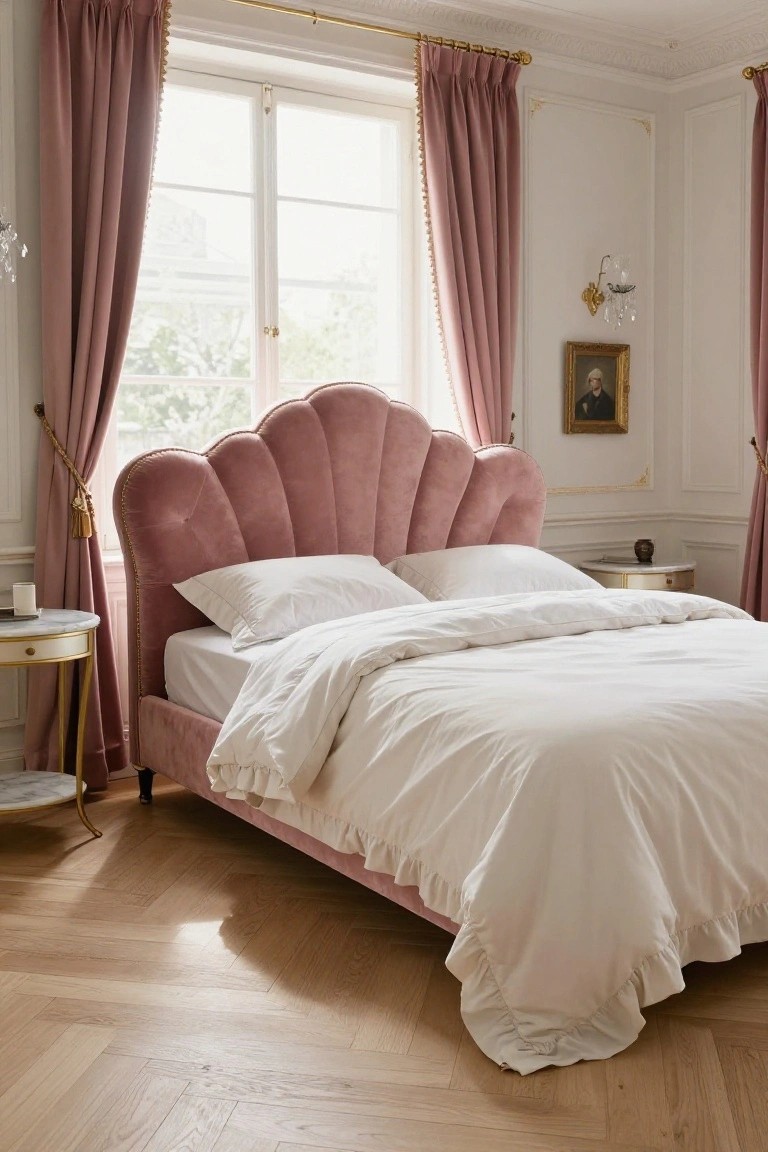 Bedroom interior with blush pink scalloped velvet upholstered headboard on a bed covered in white linens, pink tassel-trimmed curtains at the windows, gilded side table, and herringbone parquet flooring.