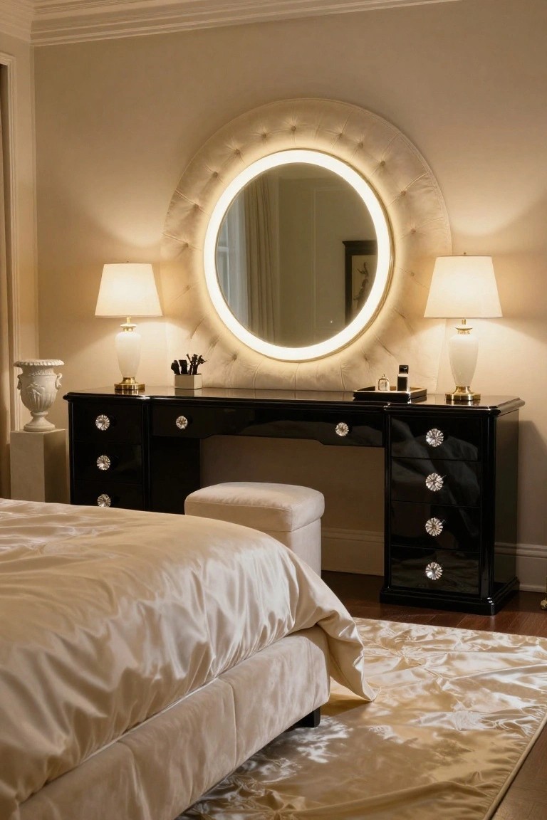 A bedroom vanity with black lacquered dresser topped by large round tufted cream mirror with backlighting, crystal knobs on drawers, flanked by white ceramic lamps, a matching stool, and partial view of beige satin bed on cream rug.