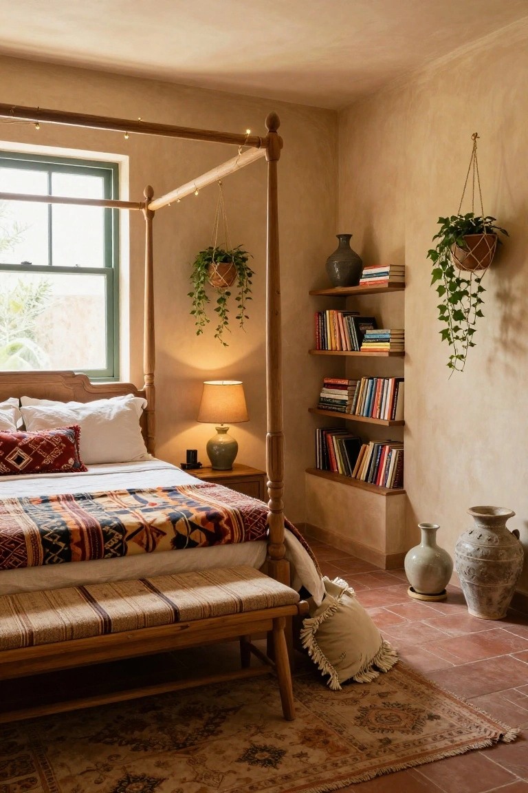 Bedroom interior with wooden four-poster canopy bed strung with lights, colorful woven bedding, side bench, bookshelves, hanging plants, ceramic vases, lamp on nightstand, green window, and terracotta floor.