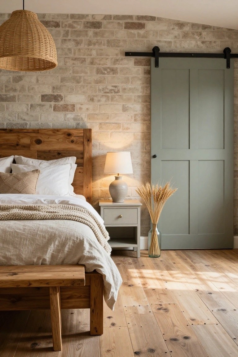 Bedroom interior with a large wooden bed frame and foot bench against exposed beige brick wall, sage green sliding barn door, white and beige bedding, bedside table with lamp and wheat bundle in glass vase, rattan pendant light overhead, and light wood floors.