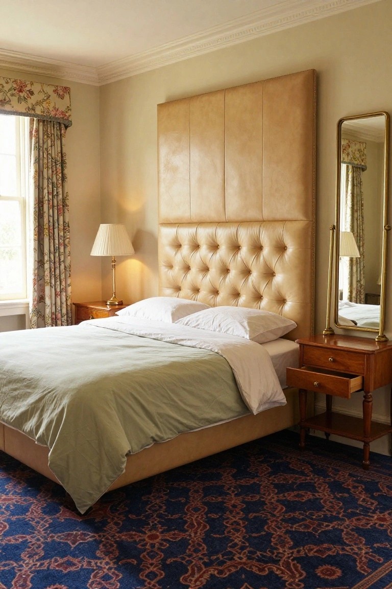 Bedroom with tall tan tufted leather headboard on bed with white pillows and green duvet, wooden nightstands with lamps, floral curtains on window, tall mirror, and blue patterned rug.