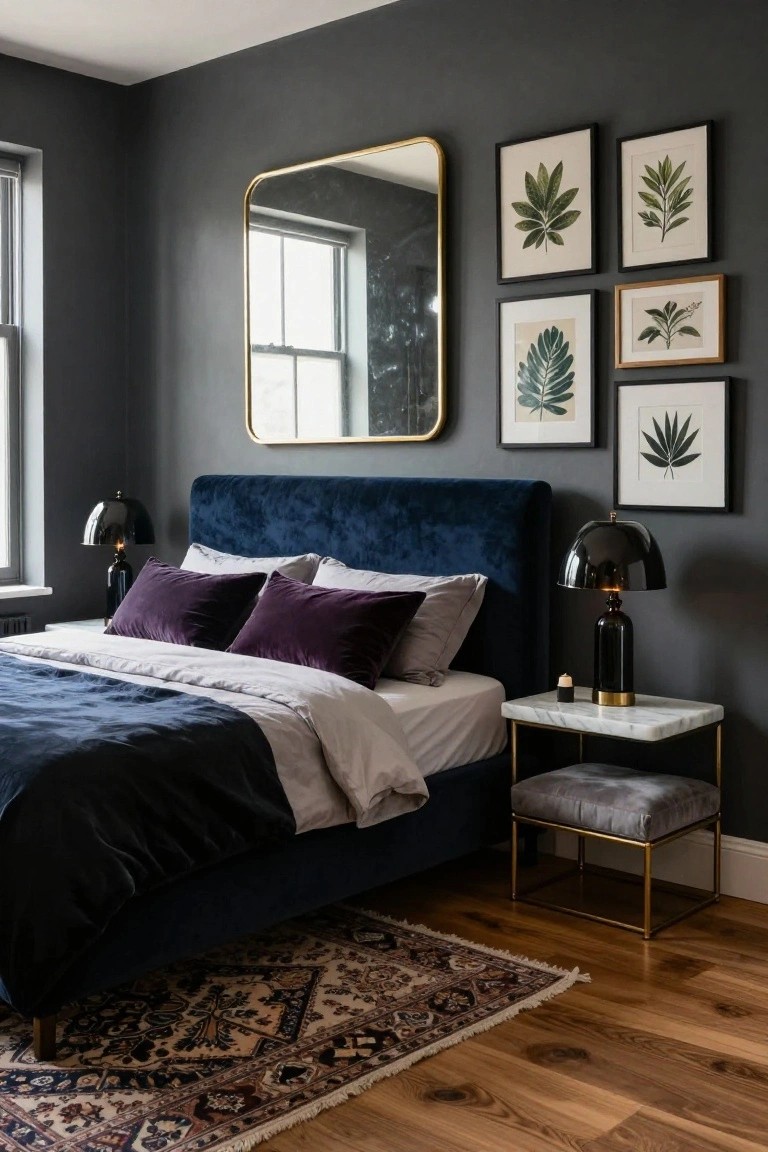 Bedroom with navy blue velvet upholstered bed headboard and frame, purple and gray pillows, white duvet, dark gray walls, large round gold mirror, black dome lamps on marble nightstands, botanical leaf prints in black frames, gold metal stool, patterned rug on wood floors.