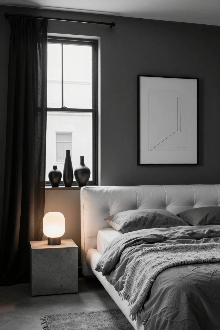 A bedroom with dark gray walls, white tufted bed with gray bedding, concrete bedside table and lamp, black vases on the windowsill, and a large framed line drawing above the bed.