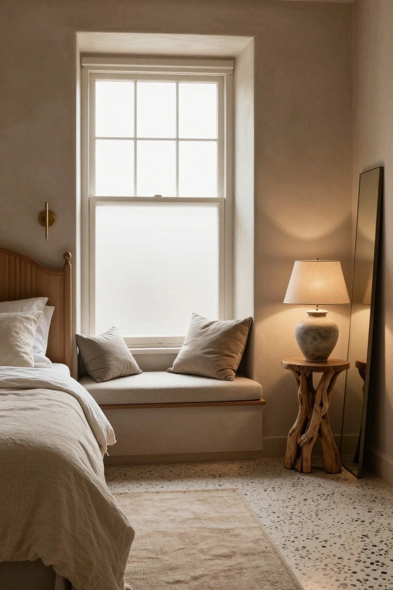 Bedroom interior with a wooden headboard bed draped in white linens and pillows, a cushioned window seat, ceramic lamp on tree-trunk side table, tall mirror, beige walls, and terrazzo floor with beige rug.