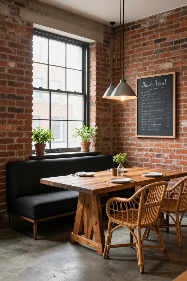 Dining nook with black upholstered bench seating along brick wall, wooden trestle table, rattan chairs, potted plants on windowsill and table, pendant lights, and chalkboard menu on wall.