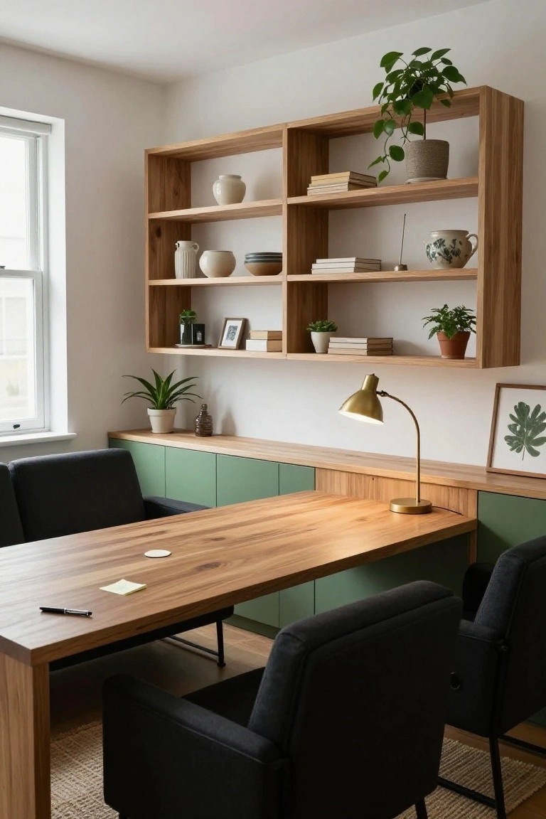 Modern home office featuring wooden built-in shelving stocked with ceramics and books, a wooden desk with green lower cabinets, two black upholstered chairs, plants, and a brass desk lamp.