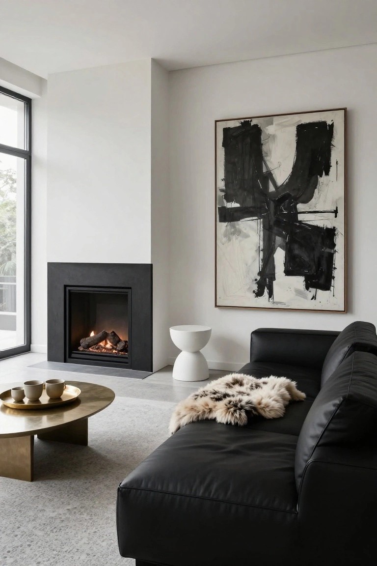 Modern living room with black leather L-shaped sofa facing matte black gas fireplace, brass oval coffee table with white ceramic cups and saucers, white drum stool, sheepskin throw on sofa, large abstract black and white painting above fireplace, large window showing greenery outside, light gray carpeted floor.