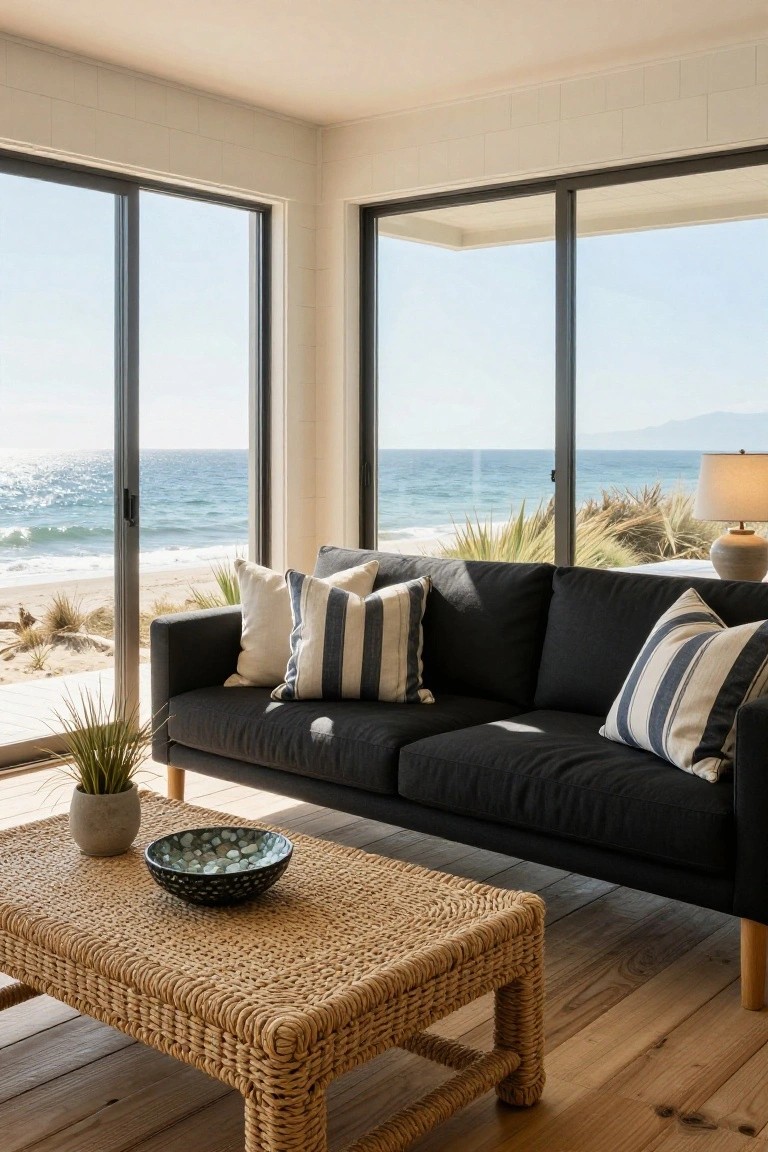 Bright modern living room interior with black sofa piled with white and striped pillows, rattan coffee table holding a bowl and plant, ceramic lamp, and large sliding glass doors overlooking ocean waves, beach, and dunes.