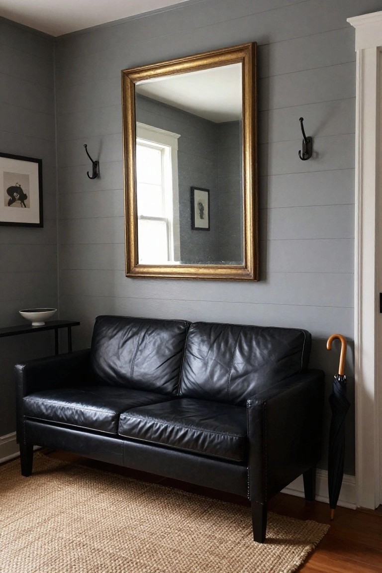 A black leather two-seater sofa in a room with light gray shiplap walls, a large gold-framed mirror, black coat hooks, a small white bowl on a metal table, and a black umbrella leaning nearby on a wood floor with a jute rug.