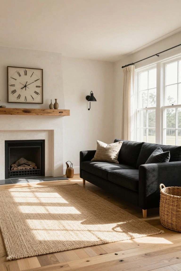 Living room with black velvet sofa near white fireplace with rustic wood mantel, large wall clock above, sheer curtains on windows, seagrass rug, and wood floor.