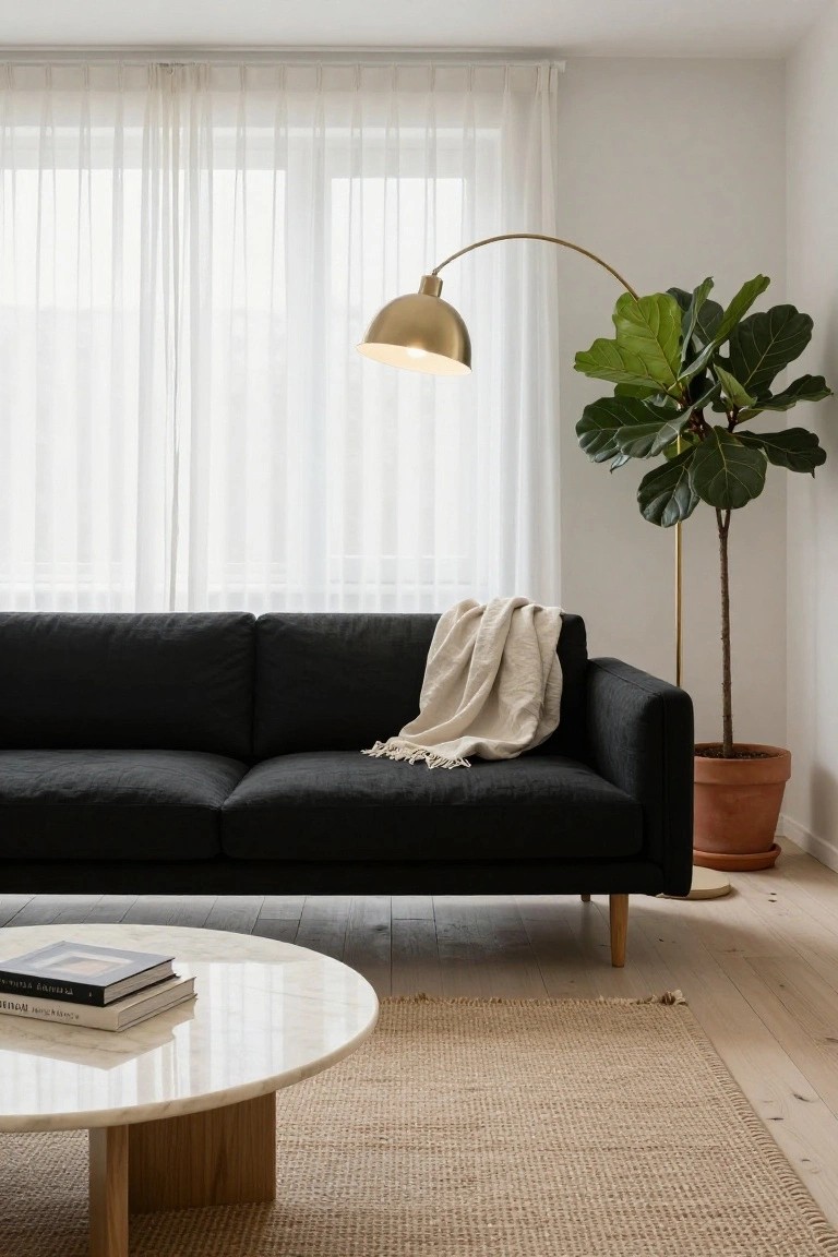 Black fabric sofa with cream throw blanket in a bright living room featuring sheer curtains over large windows, gold arc floor lamp, tall fiddle leaf fig in terracotta pot, round white marble coffee table with books, beige seagrass rug, and light wood floors.