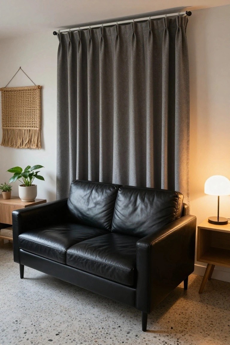 Black leather loveseat beside gray curtain with wooden nightstand and lamp.