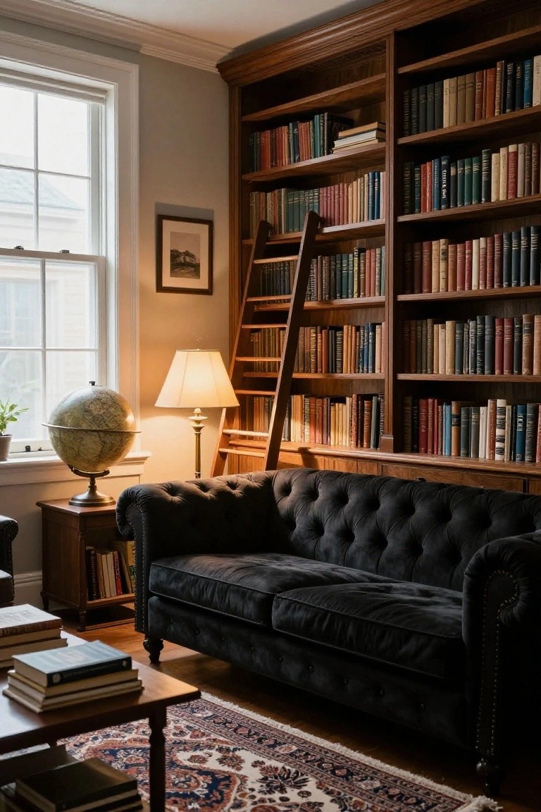 A library interior with tall wooden bookshelves filled with books, a rolling ladder, a black velvet tufted sofa, a wooden coffee table with stacked books, a globe on a side table, and a lamp beside a window.