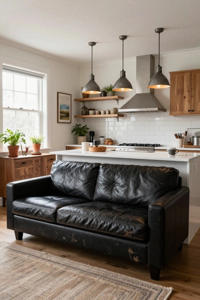Distressed black leather sofa positioned next to a white kitchen island in an open-plan kitchen with wooden cabinets, pendant lights, plants, and a woven rug on wood floors.