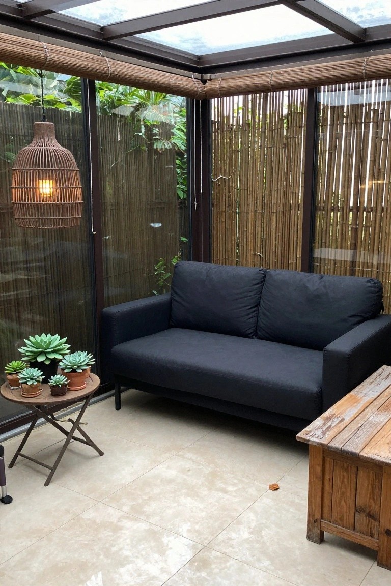 Glass-roofed outdoor terrace with black L-shaped sofa, bamboo privacy screens on glass walls, rattan pendant lamp, potted succulents on round wooden table, wooden side table, and light tiled floor.