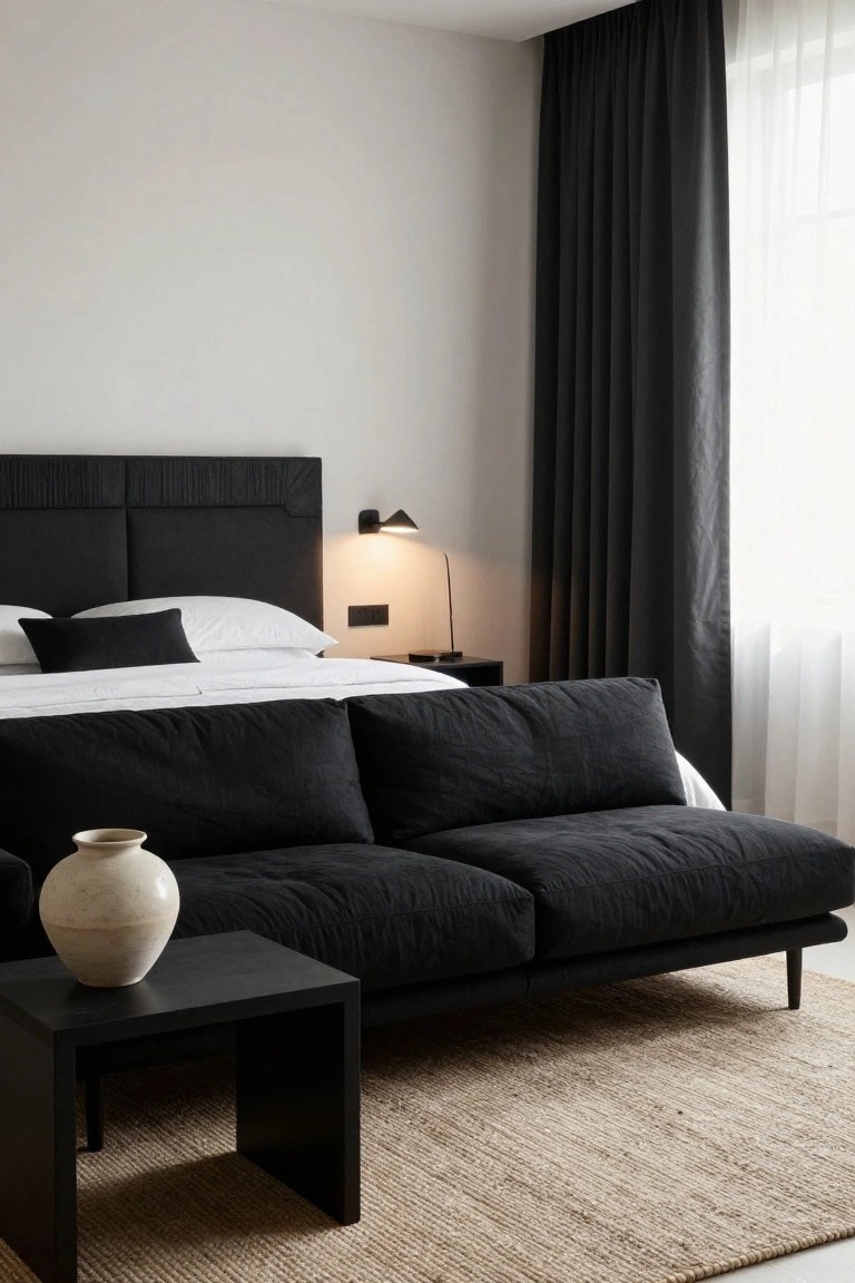 Modern bedroom corner showing a low black linen sofa with black side table and beige vase next to a bed with white bedding and black upholstered headboard, light walls, sheer curtains, and beige rug.