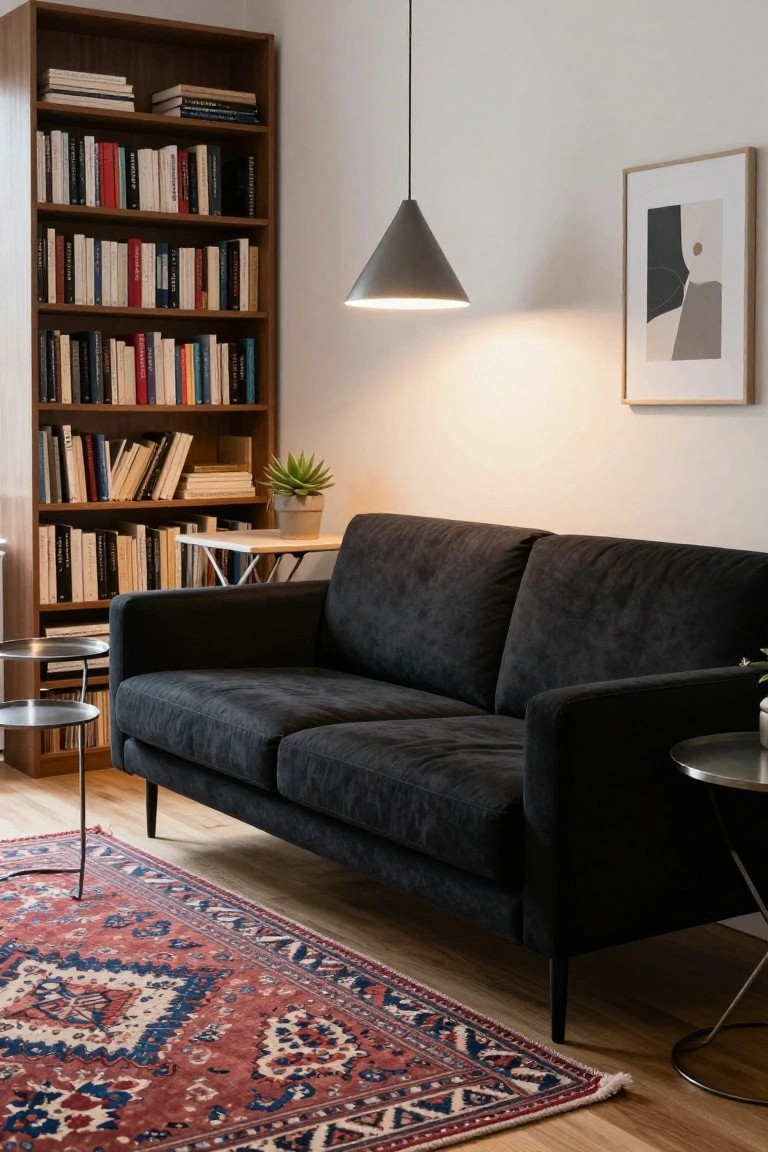 A black velvet sofa in a living room with tall wooden bookshelves filled with books, two side tables, a pendant light, abstract wall art, a potted plant, and a red Persian rug on the hardwood floor.