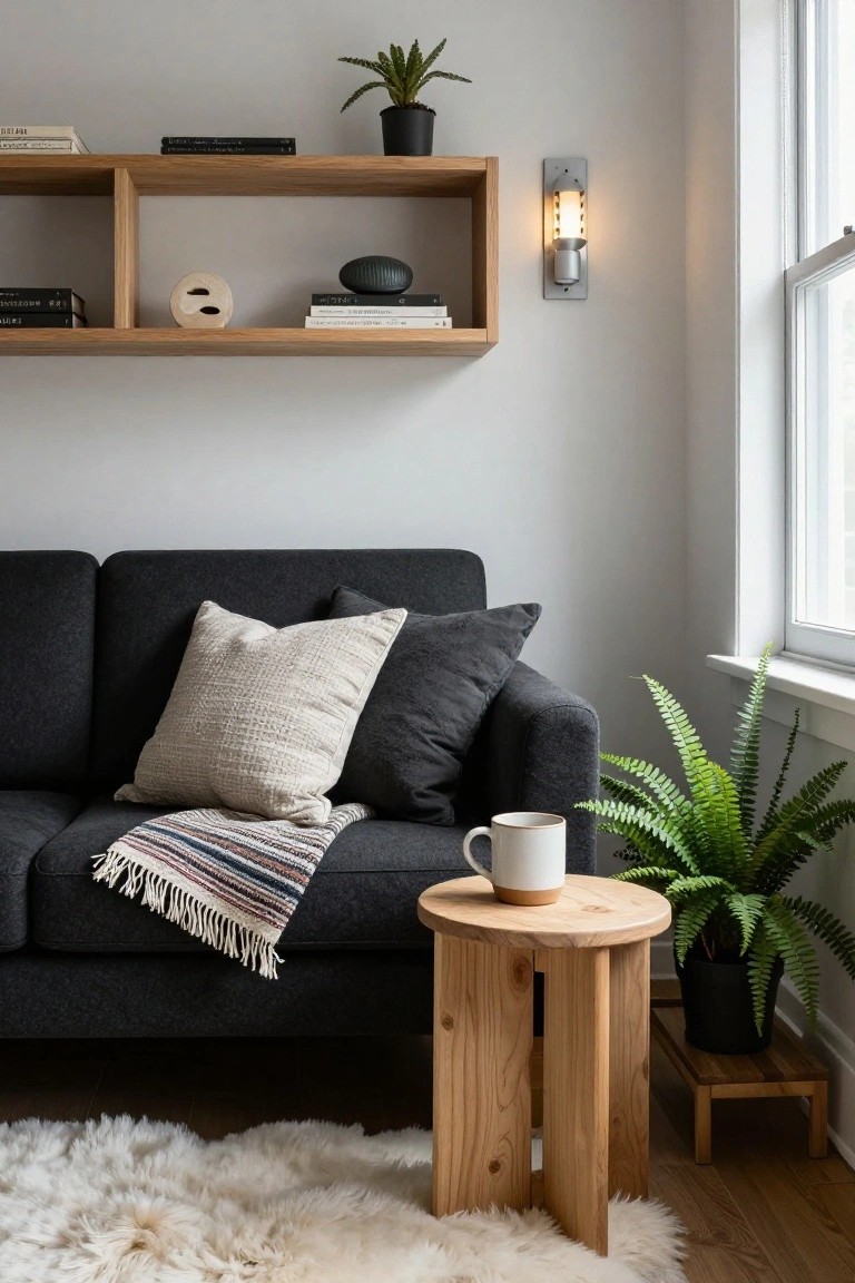 Corner of a light gray living room with charcoal sofa topped by beige pillow and striped throw, oak side table holding white mug, potted fern plant, wooden shelves with books and ceramics above, white shag rug on wood floor.