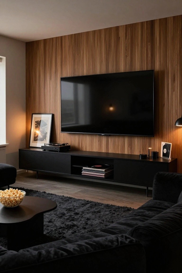 Modern living room with black velvet sofa, black media console under mounted TV on vertical brown wood slat wall, turntable and records on console, black coffee table holding popcorn bowl, black shag rug, and window light.