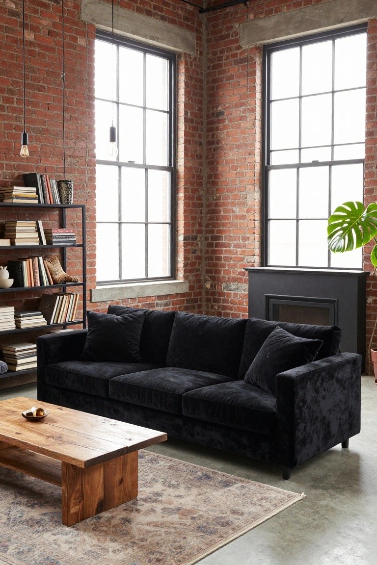 Living room interior with black velvet sofa, wooden coffee table, metal bookshelves with books, exposed red brick walls, large grid windows, potted plants, and black fireplace.