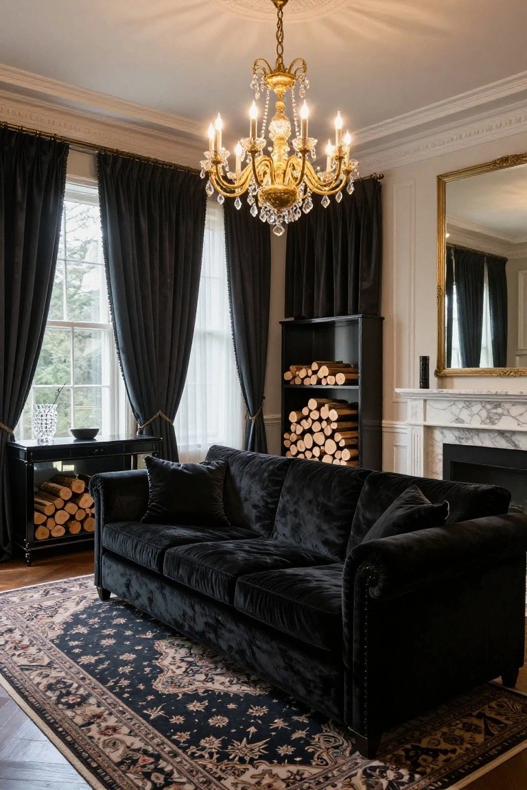Formal living room featuring a large black velvet tufted sofa, gold chandelier, dark velvet curtains on tall windows, marble fireplace, and black wood storage cabinet with logs.